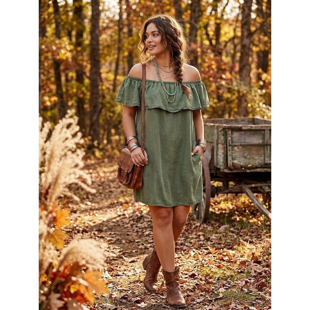 Topshop Women 8 Olive Green Off The Shoulder Ruffle Mini Dress Lyocell Pockets